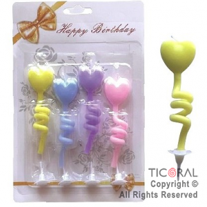 VELA RULO CORAZON MULTICOLOR PASTEL 9 CM x 4 UNIDADES